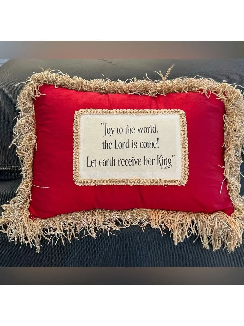 Vintage Red Holiday Pillow w/Gold Fringe ‘Joy to the World, the Lord is come!’